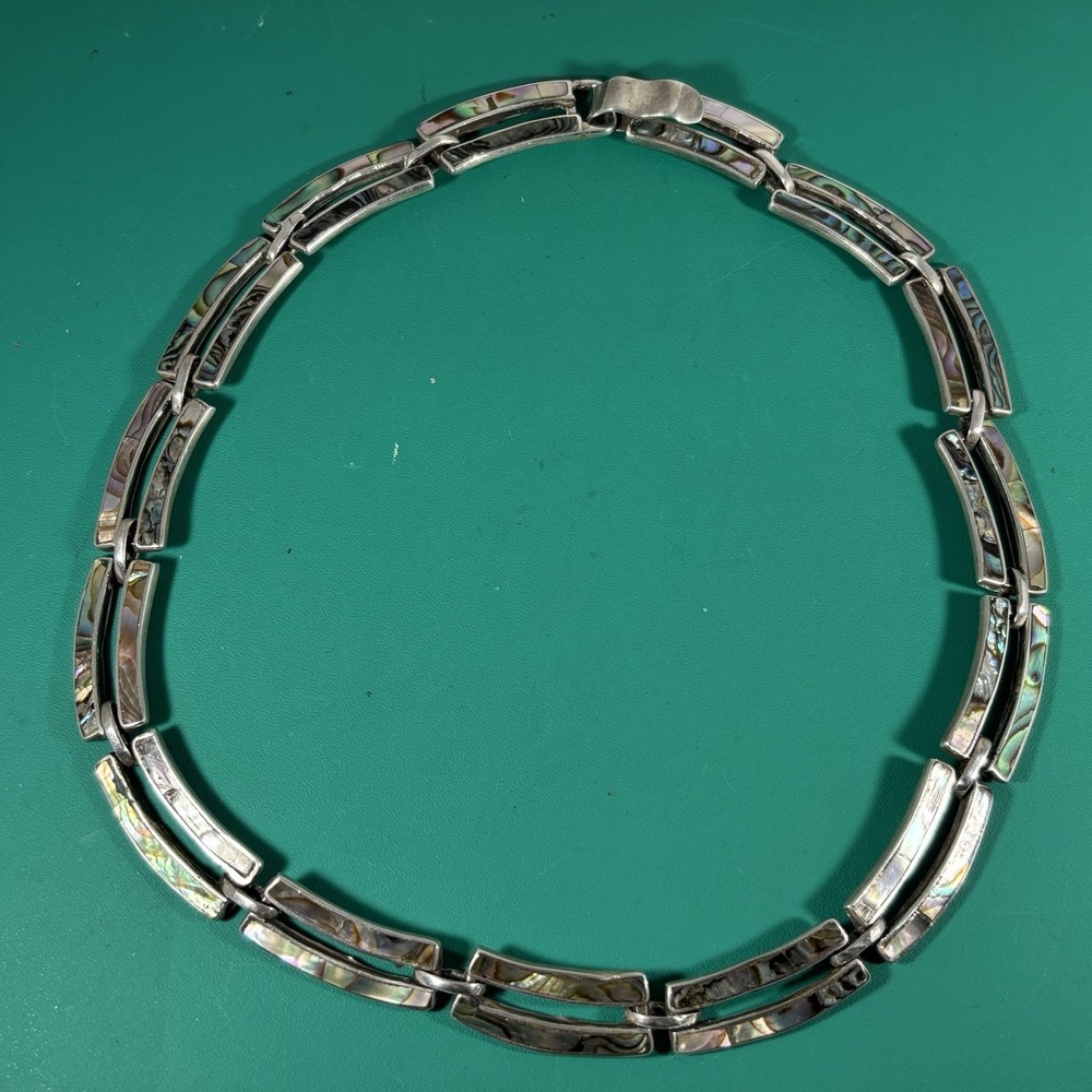 VTG Sterling Silver‎ 925 Abalone Inlay Chain Link Necklace Size 16.5" Length